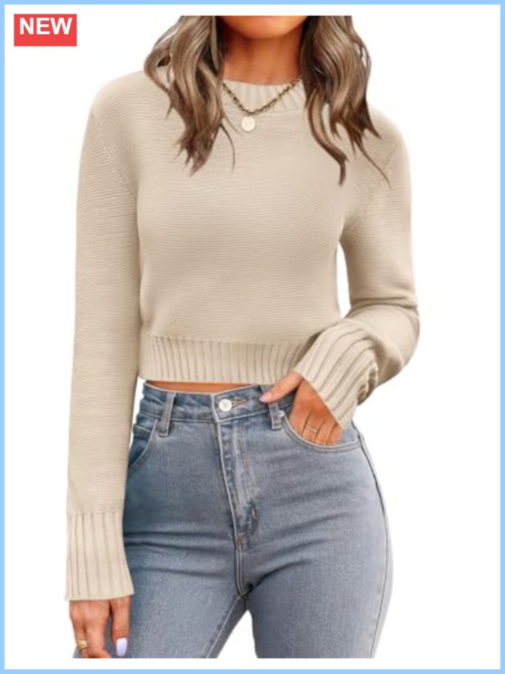 Cropped Crewneck Long Sleeve Knit Pullover Sweater